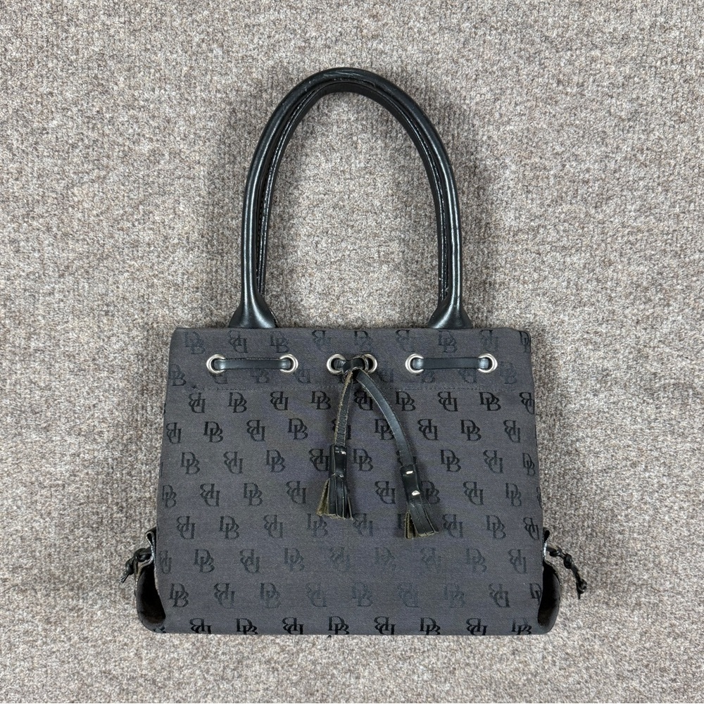 Vintage Dooney & Bourke Grey DB Logo Shoulder Hand Bag Purse Leather Tassel Trim